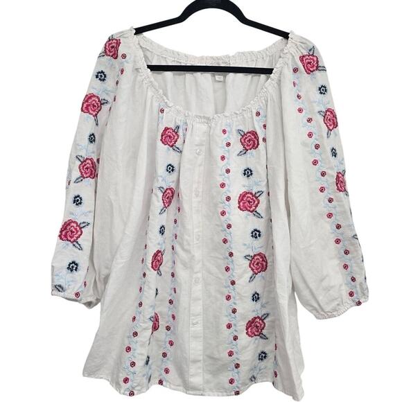 Women Plus Sz 2X Embroidered Peasant Blouse White Pink Floral Boho Linen Resort - Picture 1 of 9
